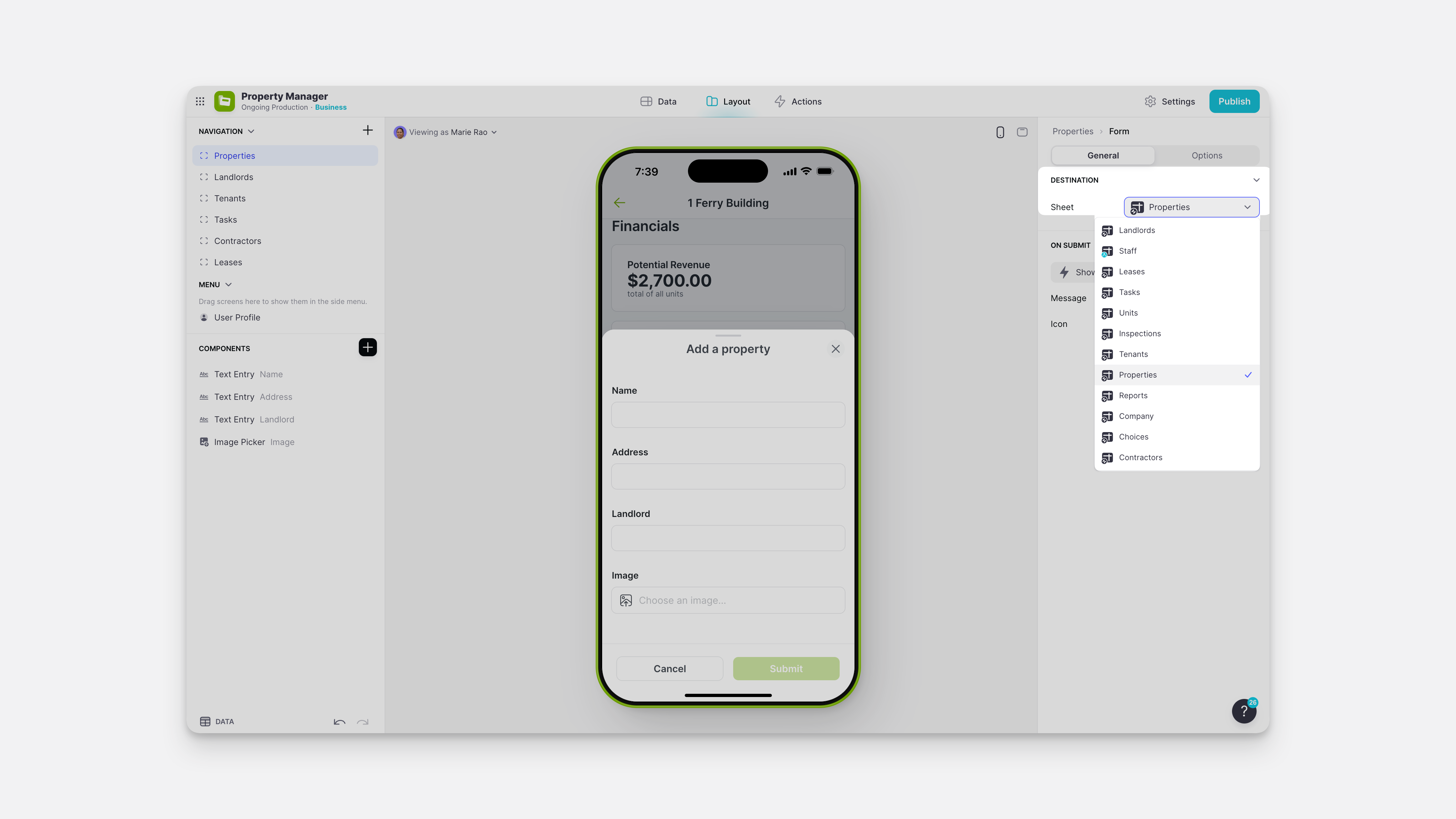 Selecting a table for the form to populate with data